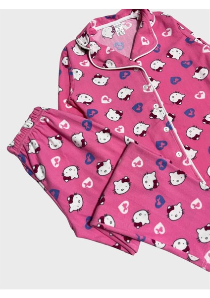 Kız Çocuk Pamuklu Süet Kumaş Pembe Hello Kitty Desenli Uzun Kollu Gömlek Yaka Düğmeli Pijama Takımı modelleri