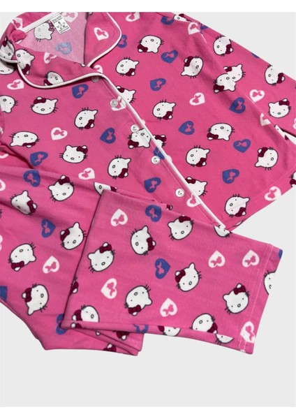Kız Çocuk Pamuklu Süet Kumaş Pembe Hello Kitty Desenli Uzun Kollu Gömlek Yaka Düğmeli Pijama Takımı fırsatları