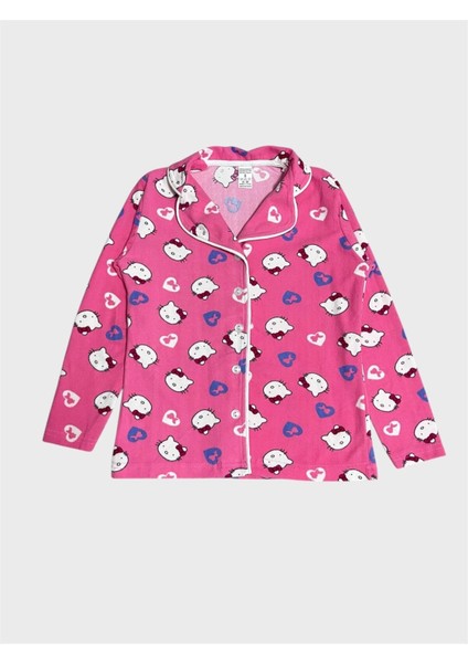 Kız Çocuk Pamuklu Süet Kumaş Pembe Hello Kitty Desenli Uzun Kollu Gömlek Yaka Düğmeli Pijama Takımı indirimleri