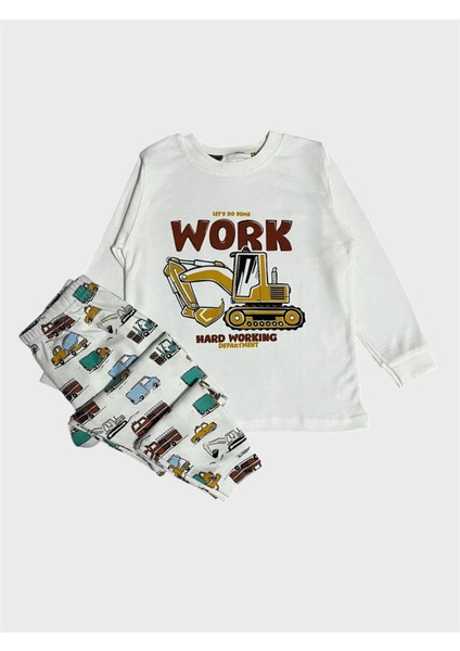 Erkek Çocuk %100 Pamuklu Beyaz Iş Makinesi Araba Kamyon Desenli Uzun Kollu Pijama Takımı