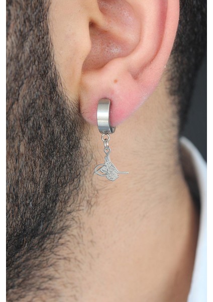 Silver Renk Kaplama Osmanlı Tuğra Figürlü Kıstırmalı Çelik Erkek Küpe - TJ-EKP117