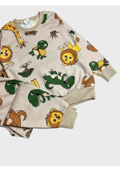 Erkek Çocuk Pamuklu Şardonlu Bej Rengi Safari Desenli Uzun Kollu Kışlık Pijama Takımı fiyatları