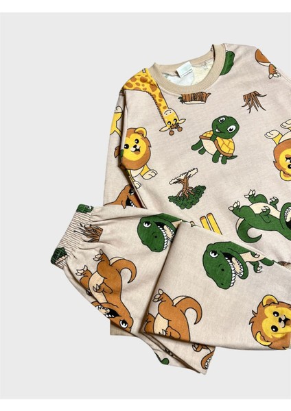 Erkek Çocuk Pamuklu Şardonlu Bej Rengi Safari Desenli Uzun Kollu Kışlık Pijama Takımı modelleri