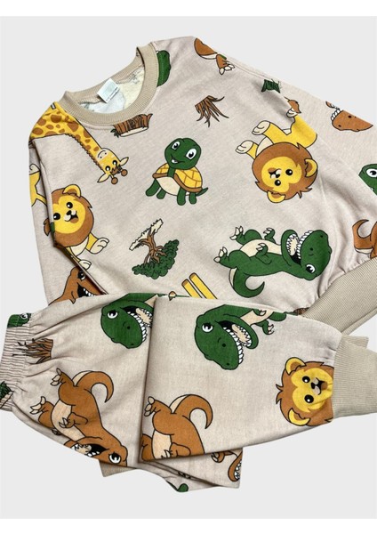 Erkek Çocuk Pamuklu Şardonlu Bej Rengi Safari Desenli Uzun Kollu Kışlık Pijama Takımı fırsatları