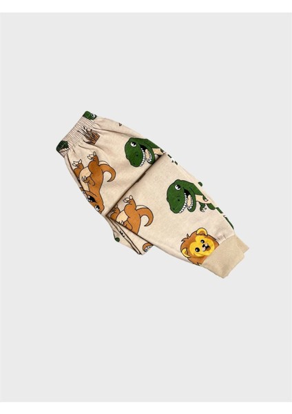 Erkek Çocuk Pamuklu Şardonlu Bej Rengi Safari Desenli Uzun Kollu Kışlık Pijama Takımı