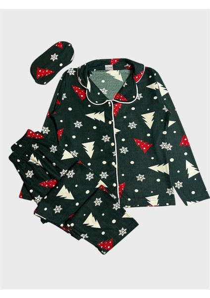 Kız Çocuk Pamuklu Süet Kumaş Yeşil Çam Kar Tanesi Yılbaşı Desenli Gömlek Yaka Düğmeli Pijama Takımı