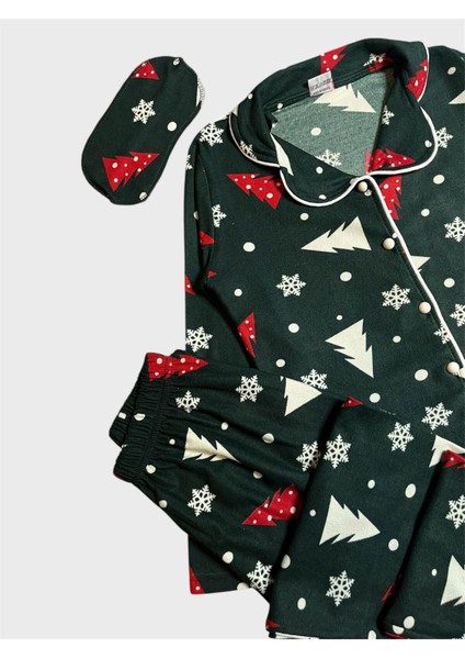 Kız Çocuk Pamuklu Süet Kumaş Yeşil Çam Kar Tanesi Yılbaşı Desenli Gömlek Yaka Düğmeli Pijama Takımı fiyatları