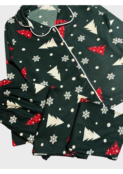 Kız Çocuk Pamuklu Süet Kumaş Yeşil Çam Kar Tanesi Yılbaşı Desenli Gömlek Yaka Düğmeli Pijama Takımı modelleri