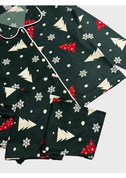 Kız Çocuk Pamuklu Süet Kumaş Yeşil Çam Kar Tanesi Yılbaşı Desenli Gömlek Yaka Düğmeli Pijama Takımı fırsatları