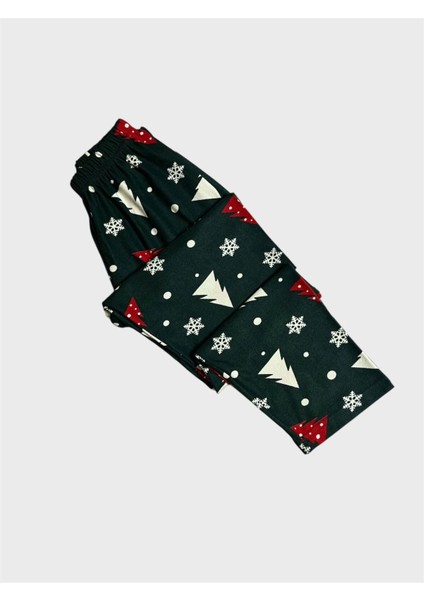 Kız Çocuk Pamuklu Süet Kumaş Yeşil Çam Kar Tanesi Yılbaşı Desenli Gömlek Yaka Düğmeli Pijama Takımı indirimleri