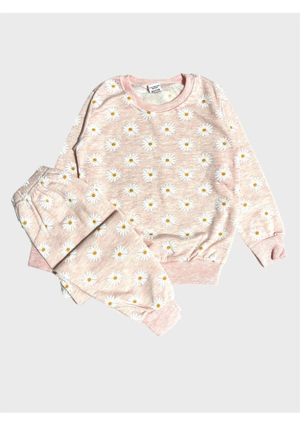 Kız Çocuk Pamuklu Şardonlu Yavruağzı Papatya Desenli Uzun Kollu Kışlık Pijama Takımı
