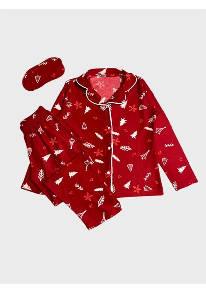 Kız Çocuk Pamuklu Süet Kumaş Kırmızı Çam Ağacı Yılbaşı Desen Gömlek Yaka Düğmeli Pijama Takımı