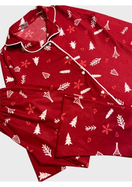 Kız Çocuk Pamuklu Süet Kumaş Kırmızı Çam Ağacı Yılbaşı Desen Gömlek Yaka Düğmeli Pijama Takımı fiyatları