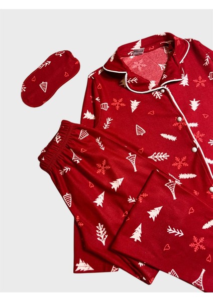 Kız Çocuk Pamuklu Süet Kumaş Kırmızı Çam Ağacı Yılbaşı Desen Gömlek Yaka Düğmeli Pijama Takımı modelleri