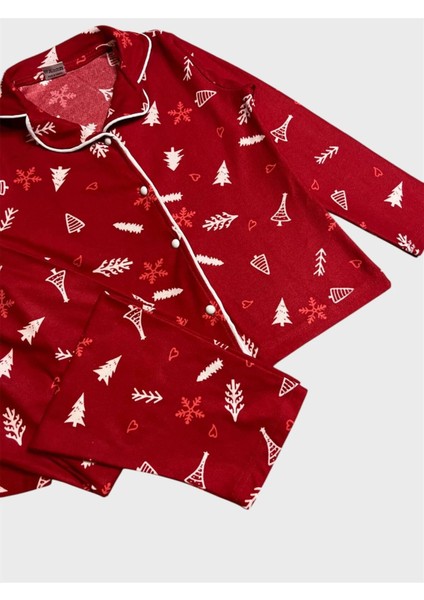 Kız Çocuk Pamuklu Süet Kumaş Kırmızı Çam Ağacı Yılbaşı Desen Gömlek Yaka Düğmeli Pijama Takımı fırsatları