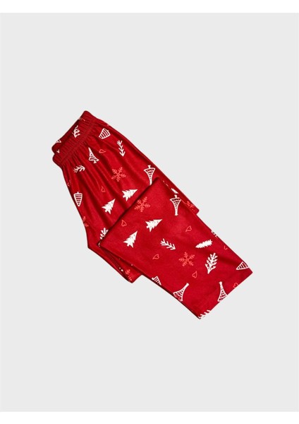 Kız Çocuk Pamuklu Süet Kumaş Kırmızı Çam Ağacı Yılbaşı Desen Gömlek Yaka Düğmeli Pijama Takımı indirimleri