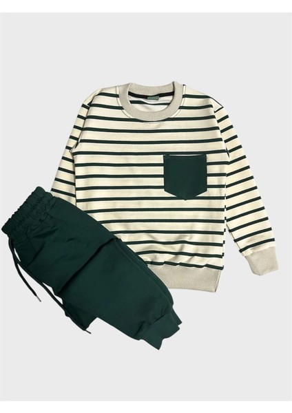 Erkek Çocuk %100 Pamuklu Krem Rengi Yeşil Çizgili Uzun Kollu Eşofman Takımı