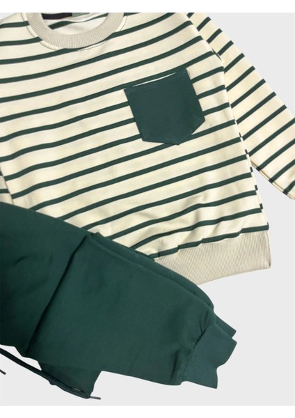 Erkek Çocuk %100 Pamuklu Krem Rengi Yeşil Çizgili Uzun Kollu Eşofman Takımı fiyatları
