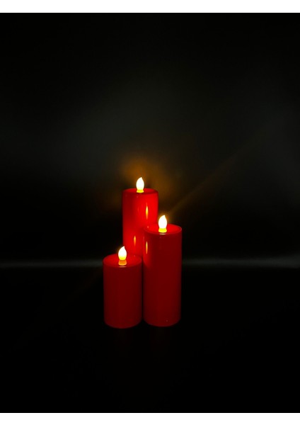 3 Adet 20-15-10 cm Kırmızı Renk Batom LED Mum Çap 6 cm