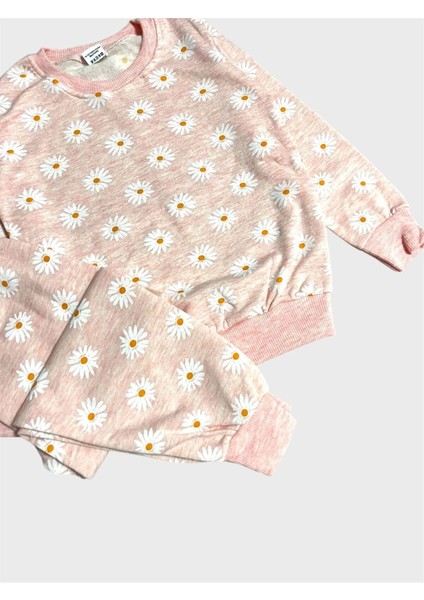 Kız Çocuk Pamuklu Şardonlu Yavruağzı Papatya Desenli Uzun Kollu Kışlık Pijama Takımı modelleri