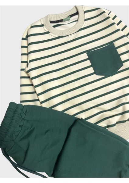 Erkek Çocuk %100 Pamuklu Krem Rengi Yeşil Çizgili Uzun Kollu Eşofman Takımı modelleri