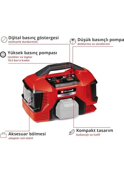 Pressito 18/21 Power X- Akülü Hava Kompresörü (18 V, Maks. 10.5 Bar, 21 L/dk Emiş Gücü, 18000 Rpm Motor Hızı, Yağsız, Akü Dahil Değildir) - 4020467 fiyatları