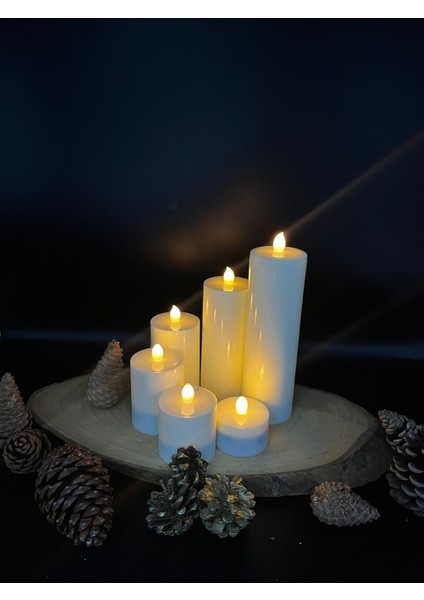 6 Adet 20-15-10-8-6-4 cm Beyaz Renk Batom LED Mum Çap 6 cm