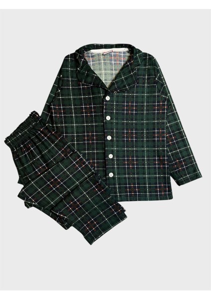 Erkek Çocuk Pamuklu Süet Kumaş Yeşil Ekose Desenli Uzun Kollu Gömlek Yaka Düğmeli Pijama Takımı
