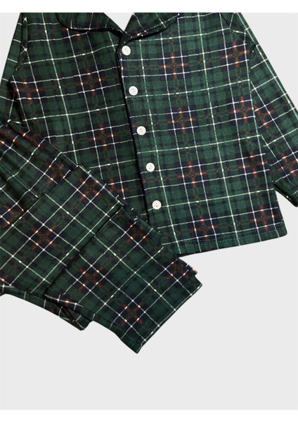 Erkek Çocuk Pamuklu Süet Kumaş Yeşil Ekose Desenli Uzun Kollu Gömlek Yaka Düğmeli Pijama Takımı fiyatları