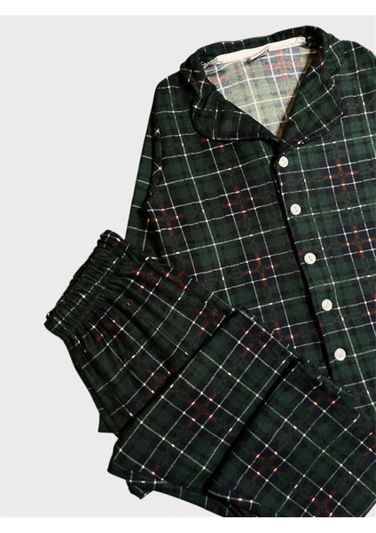 Erkek Çocuk Pamuklu Süet Kumaş Yeşil Ekose Desenli Uzun Kollu Gömlek Yaka Düğmeli Pijama Takımı modelleri
