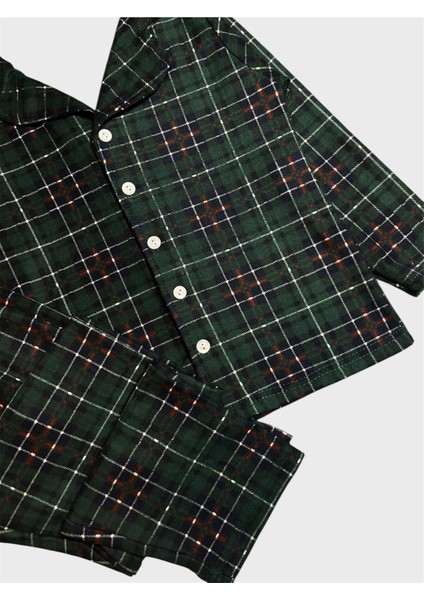 Erkek Çocuk Pamuklu Süet Kumaş Yeşil Ekose Desenli Uzun Kollu Gömlek Yaka Düğmeli Pijama Takımı fırsatları
