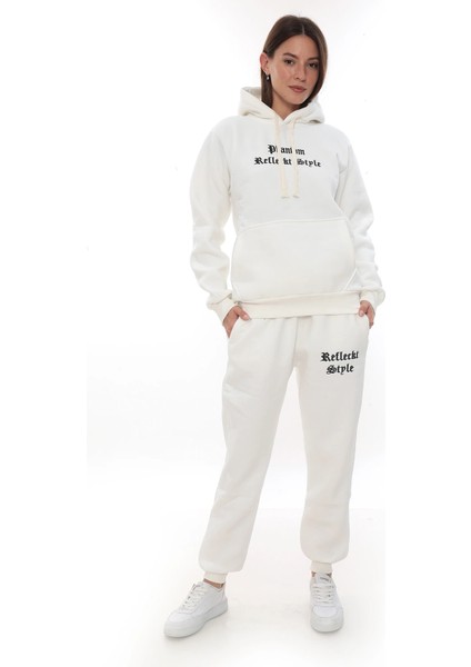 Beyaz Şık Polarlı Kadın Eşofman Takımı Paça Lastikli Cepli Kapüşonlu Nakış Detaylı Compact Takım modelleri