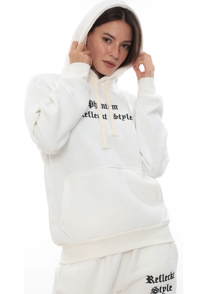 Beyaz Şık Polarlı Kadın Eşofman Takımı Paça Lastikli Cepli Kapüşonlu Nakış Detaylı Compact Takım indirimleri