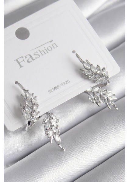 Pirinç Gümüş Renk Zirkon Taşlı Yaprak Model Kadın Küpe - TJ-BKP8608 modelleri