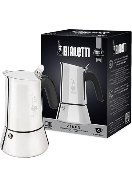 - Venus: 4 Cups Ocak Üstü Espresso Pişirici - 170ML - Gümüş Renk - Paslanmaz Çelik Gövde - Patentli Valfi - Tüm Ocak Türleri Için Uygundur (Indüksiyon Dahil)