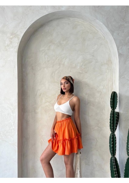 Yüksek Bel Fırfırlı Çingene Keten Etek Turuncu modelleri