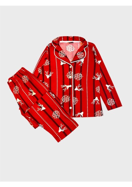 Anne Kız Çocuk Pamuklu Süet Kumaş Kırmızı Geyik Kar Tanesi Desenli Gömlek Yaka Düğmeli Pijama Takımı