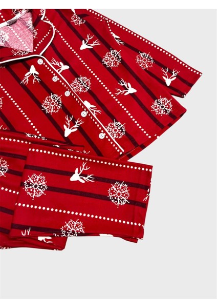 Anne Kız Çocuk Pamuklu Süet Kumaş Kırmızı Geyik Kar Tanesi Desenli Gömlek Yaka Düğmeli Pijama Takımı fiyatları