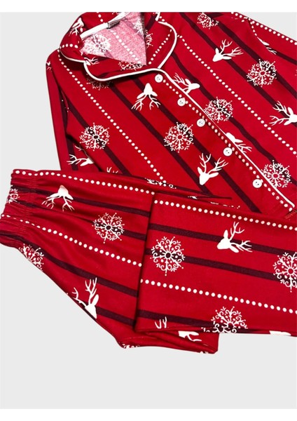 Anne Kız Çocuk Pamuklu Süet Kumaş Kırmızı Geyik Kar Tanesi Desenli Gömlek Yaka Düğmeli Pijama Takımı modelleri