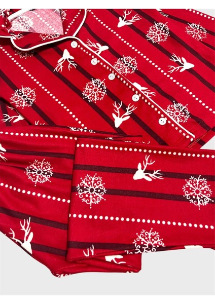 Anne Kız Çocuk Pamuklu Süet Kumaş Kırmızı Geyik Kar Tanesi Desenli Gömlek Yaka Düğmeli Pijama Takımı fırsatları