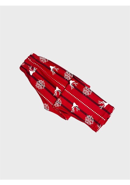 Anne Kız Çocuk Pamuklu Süet Kumaş Kırmızı Geyik Kar Tanesi Desenli Gömlek Yaka Düğmeli Pijama Takımı