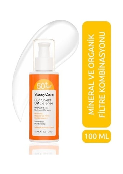 Sassycare Dualshield Uv Defense Spf 50+ Güneş Koruyucu Krem, Uva/uvb Geniş Spektrum, Mineral ve Organik Filtre, 100 ml