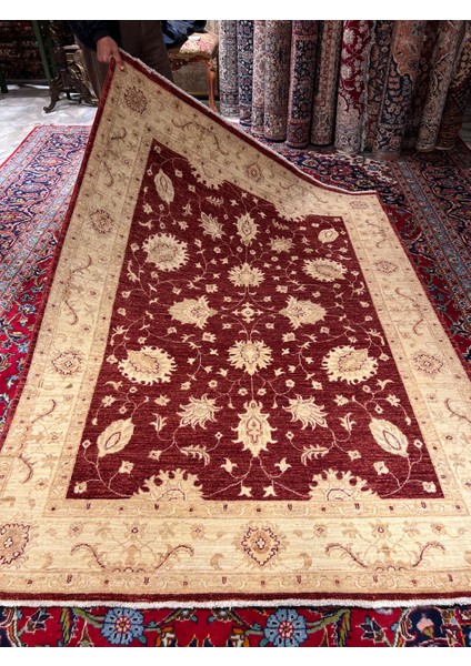 El Dokuma Afgan Uşagı Ziegler Halısı Birinci Sınıf Kalitesi Bordo Renk Ebat 200X150