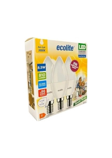 8.5W LED Mum Ampul – E14 Duy, 810 Lümen, 3000K Sarı Işık, 60W Eşdeğer, 3’lü Paket, Opal Dekoratif Ampul, Dimmer Uyumlu Değil,%86 Enerji Tasarrufu, 99X37 mm (Sarı) modelleri