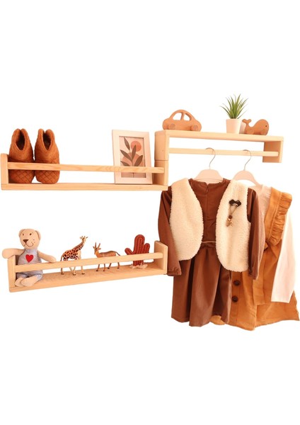 Ahşap Bebek ve Çocuk Duvara Monte 3'lü Raf Seti, Kitaplık, Oturma, Yatak, Mutfak, Rafı 50 cm Genişlik, 10 cm Yükseklik, 8 cm Derinlik