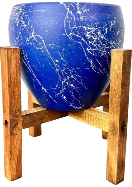 Tasarımı Ev Dekorasyon Lacivert Üzeri Beyaz Mermer Efektli Toprak Saksı Saksılık Salon Çiçeklik 4 Ayaklı - 15 cm