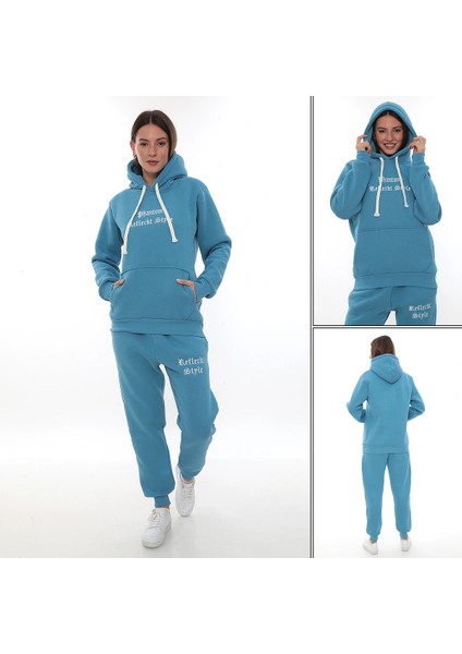 Turkuaz Polarlı Şık Kadın Eşofman Takımı Paça Lastikli Cepli Kapüşonlu Nakış Detaylı Compact Takım fırsatları