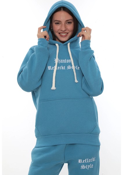 Turkuaz Polarlı Şık Kadın Eşofman Takımı Paça Lastikli Cepli Kapüşonlu Nakış Detaylı Compact Takım indirimleri