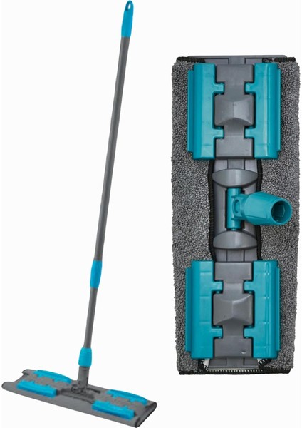 Saplı, Mikrofiber Bezli Mop - 140 cm Uzunluktaki Teleskobik Sapi ve 360 Derece Dönebilen Uzayıp Kıslan Sap, Istediğin Bezi Tak Kullan Yedek Bezli Döner Saplı Mandallı Mop - (Mavi)