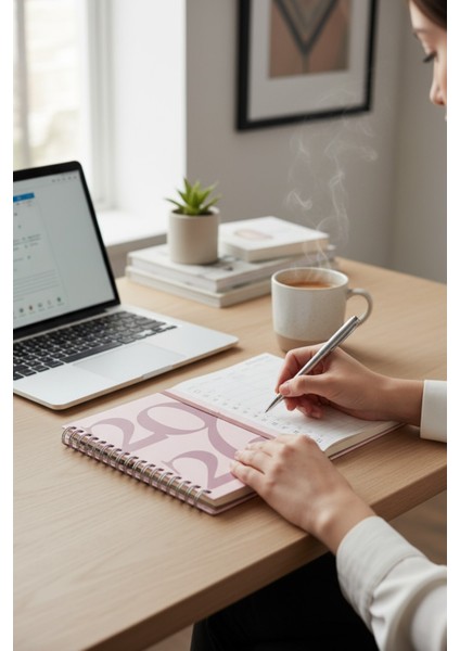 2026 Haftalık Ajandası - El Yapımı, 2 Sayfa Stickerlı, Klasik Pembe